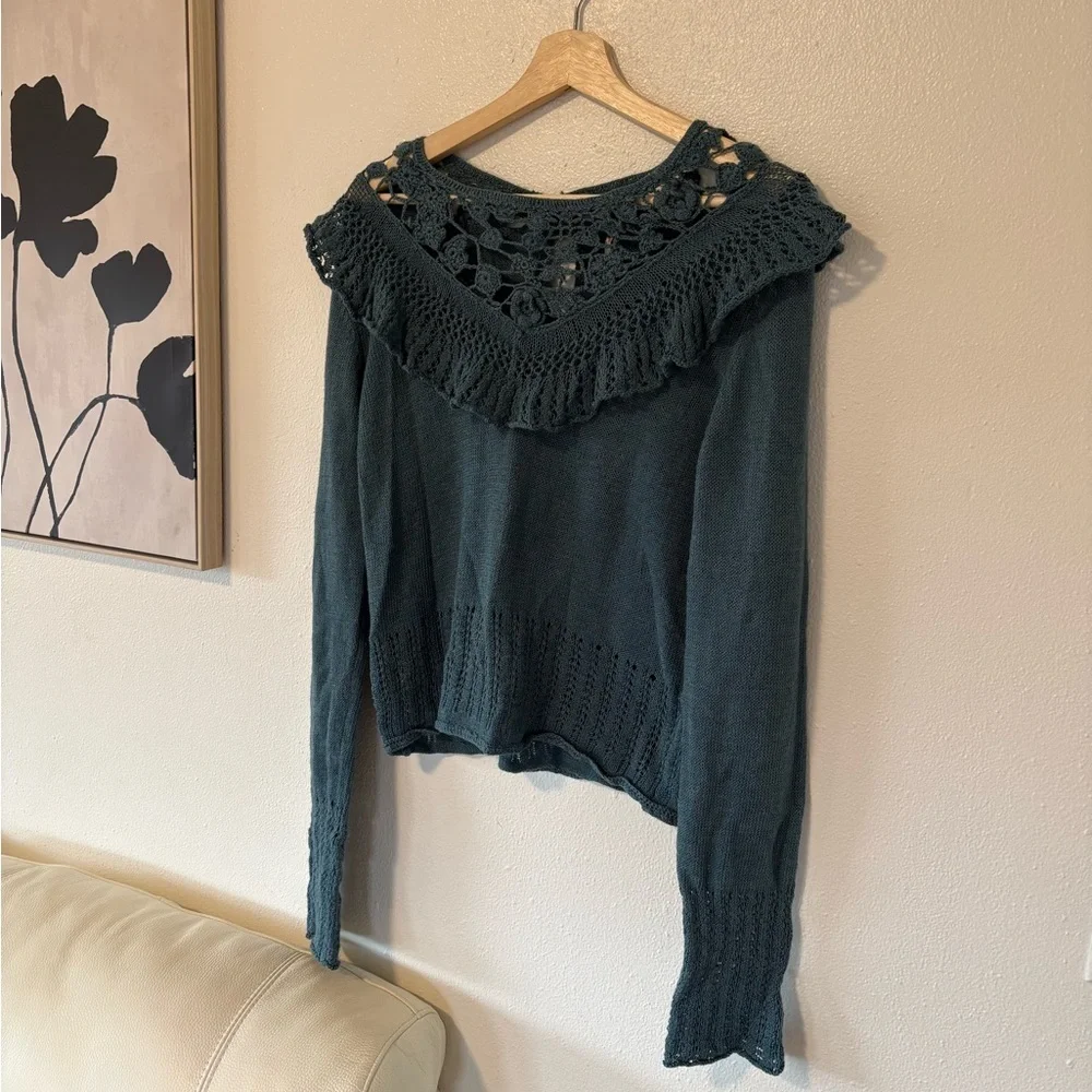 Free People Teal Ruffle Lace Top
